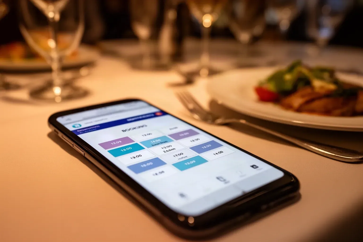 Móvil con un calendario de reservas online sobre la mesa de un restaurante